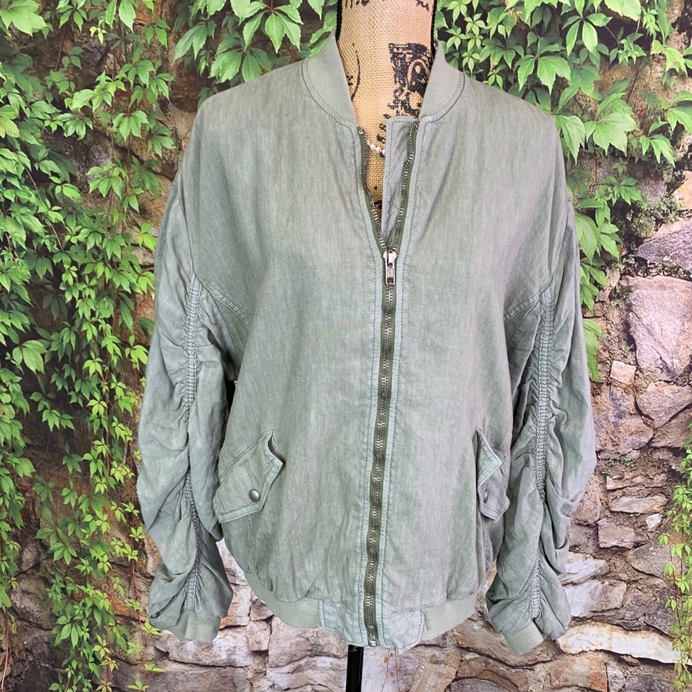 FREE PEOPLE Festival Wear Ruched Linen Oliver Green Bomber Jacket, S - Picture 4 of 16